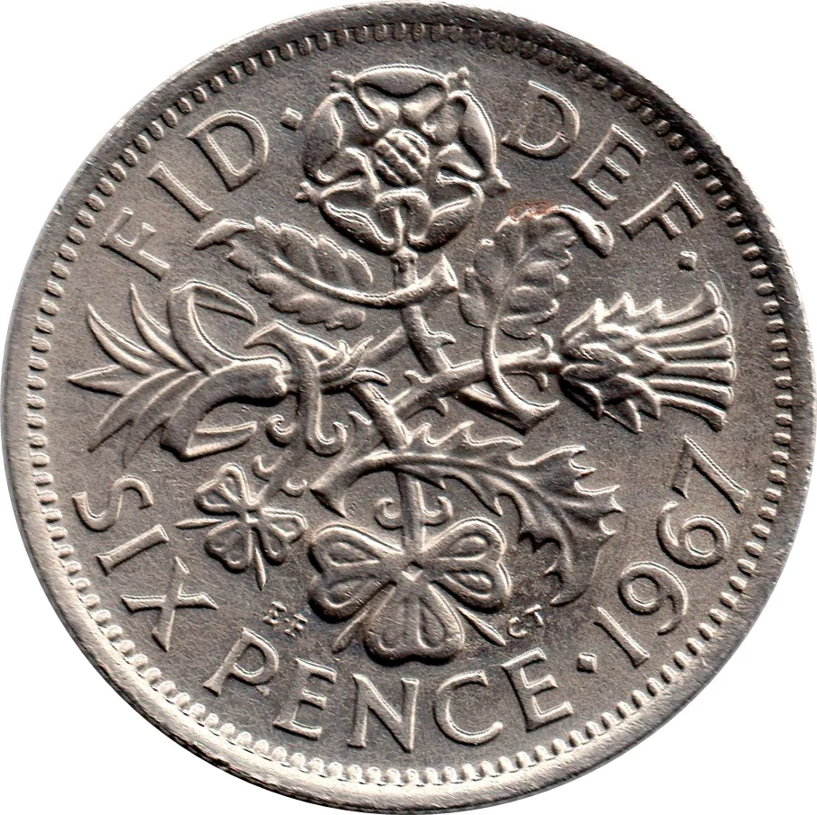 Elizabeth II 1st portrait; without 'BRITT:OMN' Sixpence 1963 – reverse